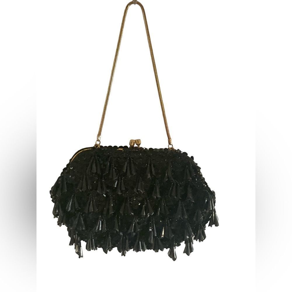Walbaxg Women’s Black Beaded Evening Purse with Gold Snake Chain Strap handmade